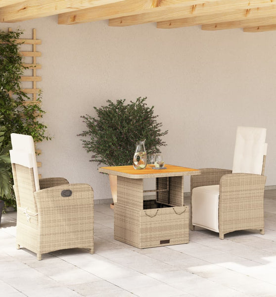 3-tlg. Garten-Essgruppe mit Kissen Beige Poly Rattan