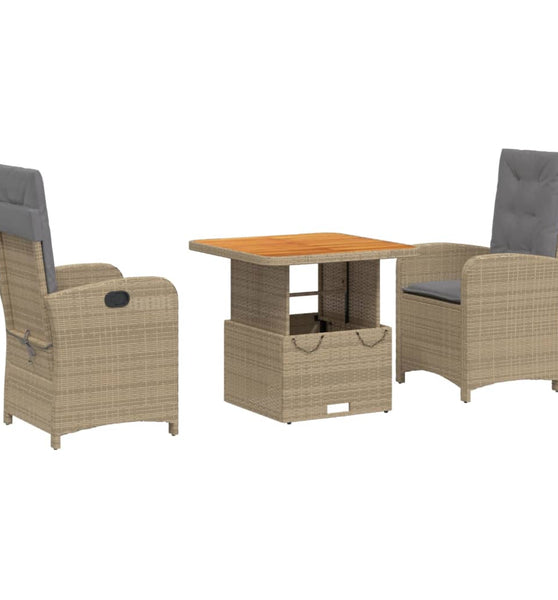 3-tlg. Garten-Essgruppe mit Kissen Beige Poly Rattan
