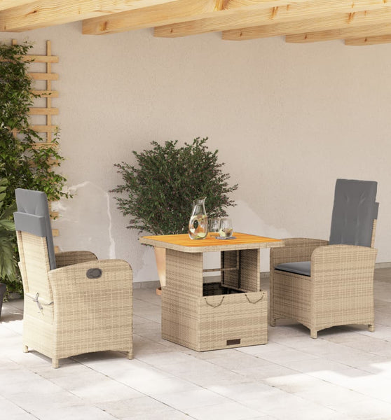 3-tlg. Garten-Essgruppe mit Kissen Beige Poly Rattan