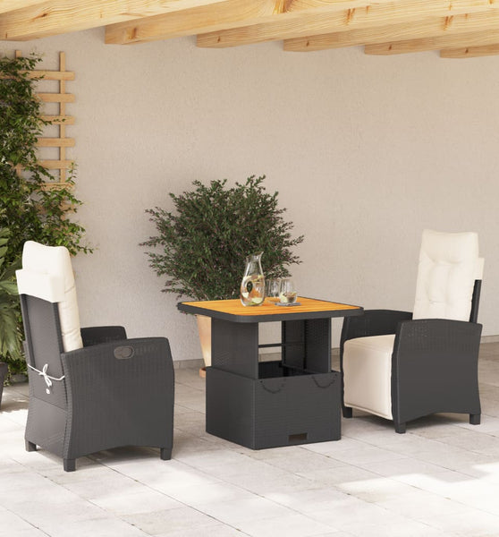3-tlg. Garten-Essgruppe mit Kissen Schwarz Poly Rattan