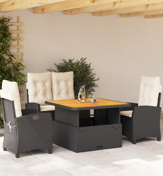4-tlg. Garten-Essgruppe mit Kissen Schwarz Poly Rattan