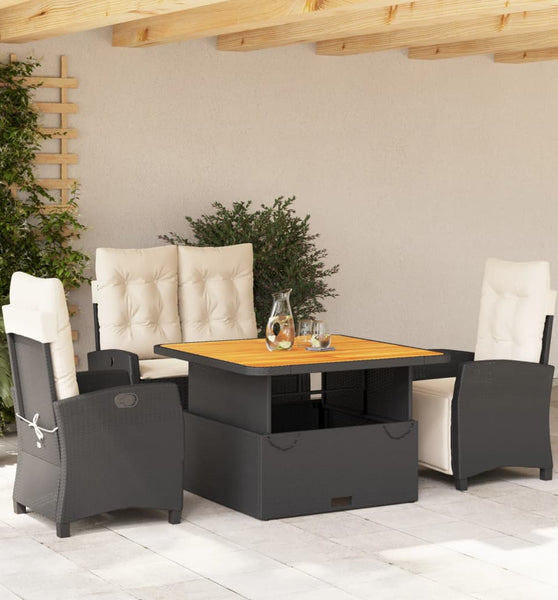 4-tlg. Garten-Essgruppe mit Kissen Schwarz Poly Rattan
