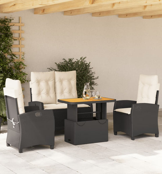 4-tlg. Garten-Essgruppe mit Kissen Schwarz Poly Rattan