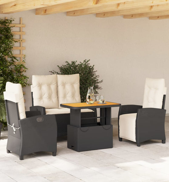 4-tlg. Garten-Essgruppe mit Kissen Schwarz Poly Rattan