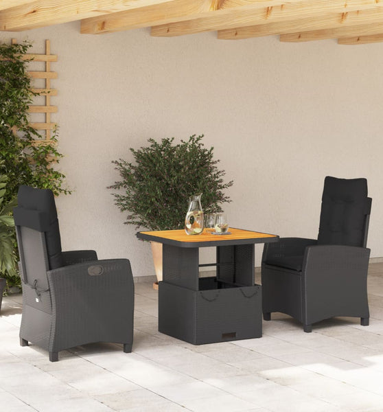 3-tlg. Garten-Essgruppe mit Kissen Schwarz Poly Rattan