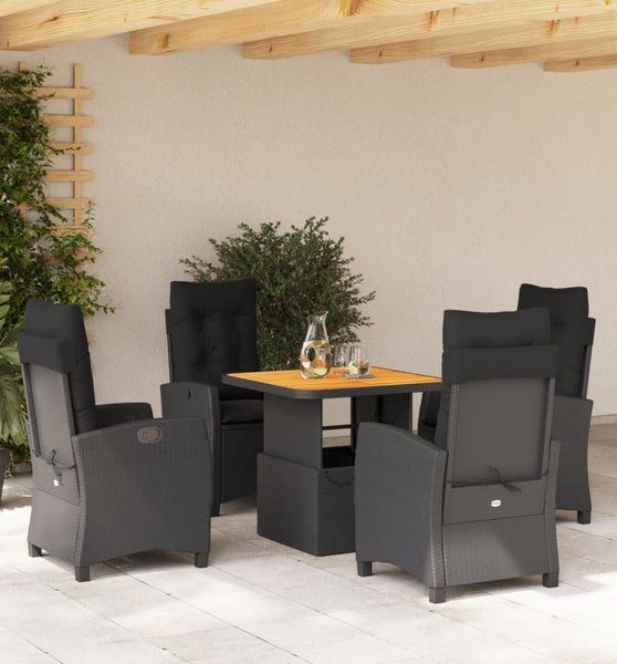 5-tlg. Garten-Essgruppe mit Kissen Schwarz Poly Rattan