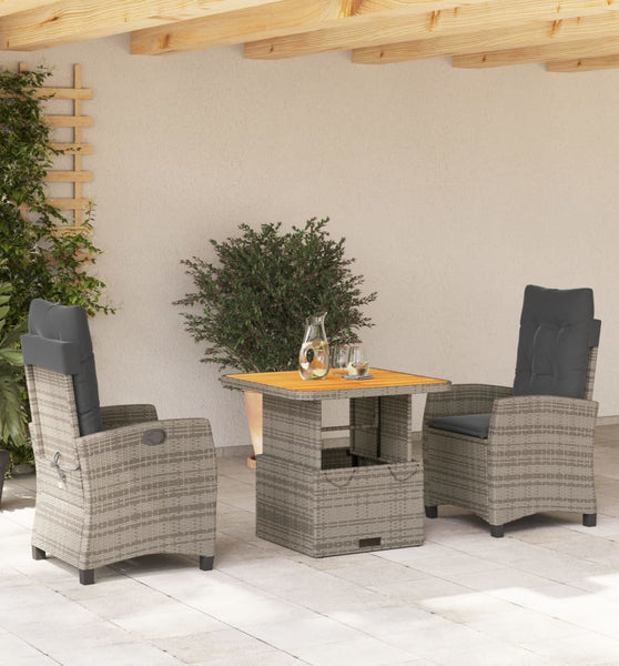 3-tlg. Garten-Essgruppe mit Kissen Grau Poly Rattan