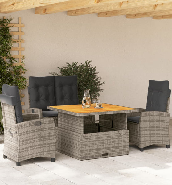 4-tlg. Garten-Essgruppe mit Kissen Grau Poly Rattan