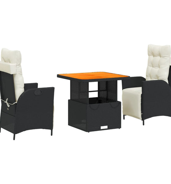 3-tlg. Garten-Essgruppe mit Kissen Schwarz Poly Rattan