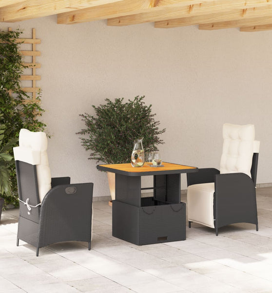 3-tlg. Garten-Essgruppe mit Kissen Schwarz Poly Rattan
