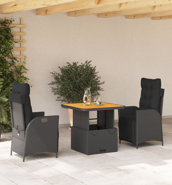 3-tlg. Garten-Essgruppe mit Kissen Schwarz Poly Rattan
