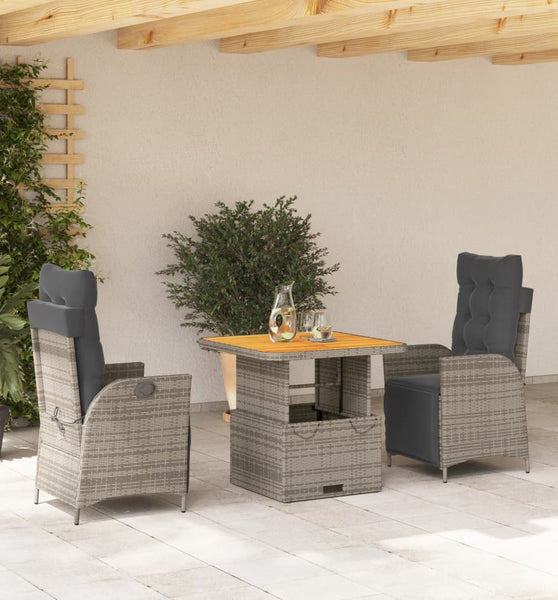 3-tlg. Garten-Essgruppe mit Kissen Grau Poly Rattan
