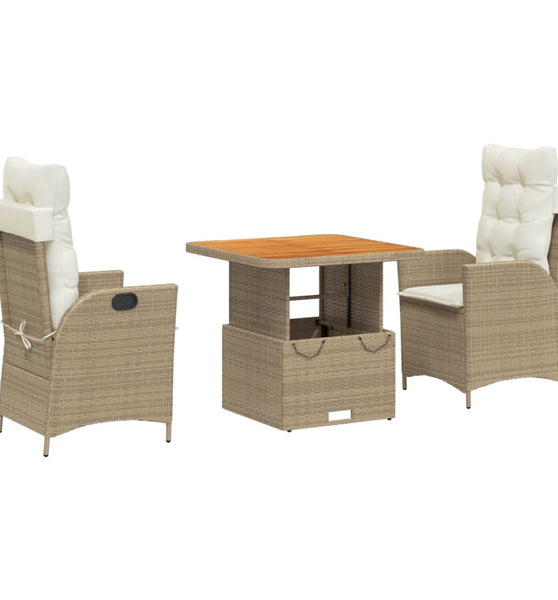 3-tlg. Garten-Essgruppe mit Kissen Beige Poly Rattan