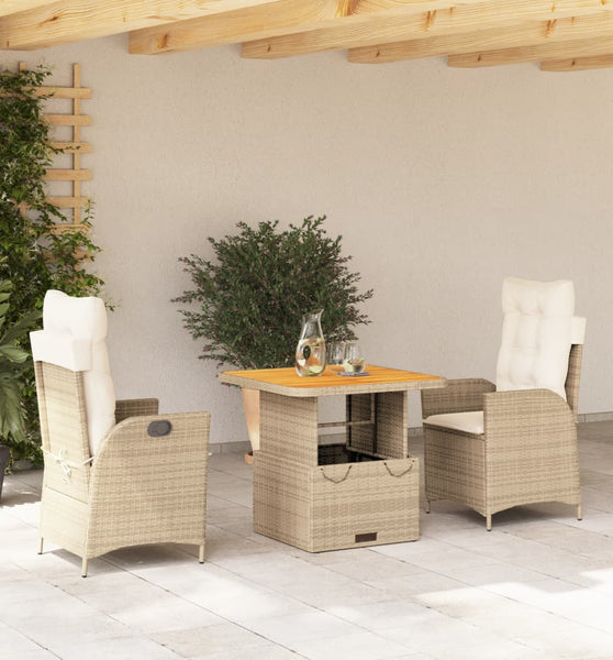 3-tlg. Garten-Essgruppe mit Kissen Beige Poly Rattan