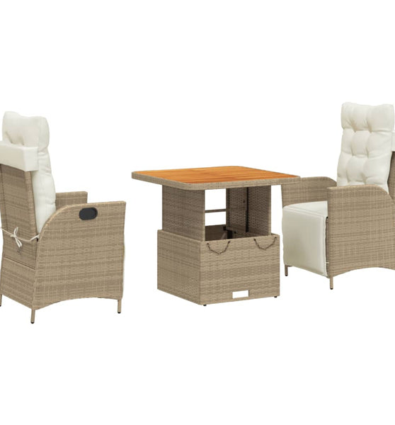 3-tlg. Garten-Essgruppe mit Kissen Beige Poly Rattan
