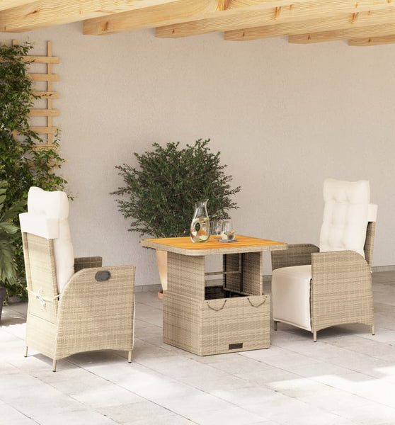 3-tlg. Garten-Essgruppe mit Kissen Beige Poly Rattan