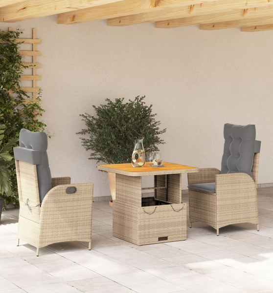 3-tlg. Garten-Essgruppe mit Kissen Beige Poly Rattan