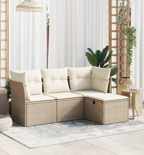 4-tlg. Garten-Sofagarnitur mit Kissen Beige Poly Rattan