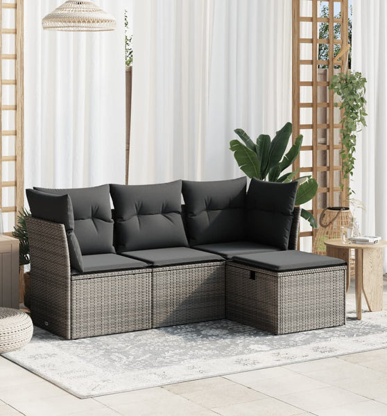 4-tlg. Garten-Sofagarnitur mit Kissen Grau Poly Rattan