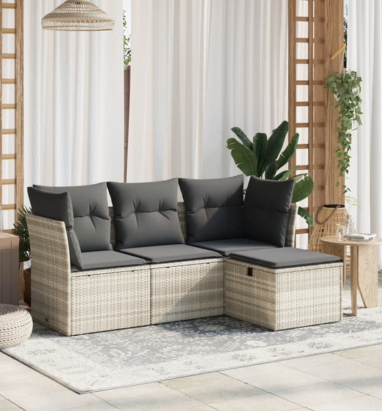 4-tlg. Garten-Sofagarnitur mit Kissen Hellgrau Poly Rattan