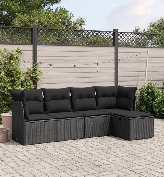 5-tlg. Garten-Sofagarnitur mit Kissen Schwarz Poly Rattan