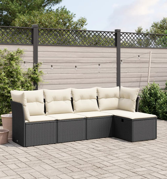 5-tlg. Garten-Sofagarnitur mit Kissen Schwarz Poly Rattan