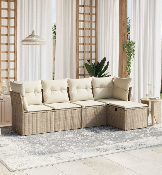 5-tlg. Garten-Sofagarnitur mit Kissen Beige Poly Rattan