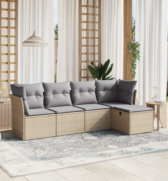 5-tlg. Garten-Sofagarnitur mit Kissen Beige Poly Rattan