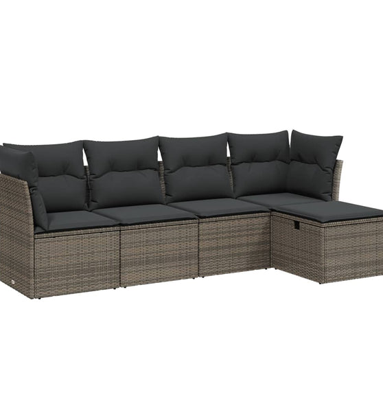 5-tlg. Garten-Sofagarnitur mit Kissen Grau Poly Rattan