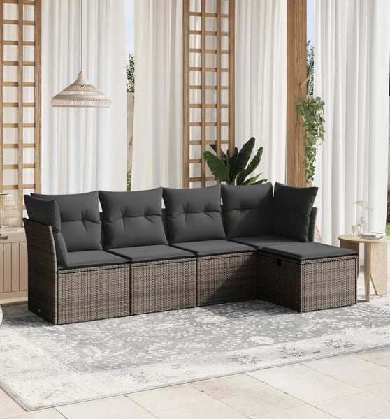 5-tlg. Garten-Sofagarnitur mit Kissen Grau Poly Rattan