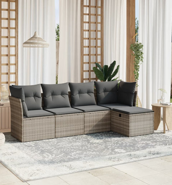 5-tlg. Garten-Sofagarnitur mit Kissen Hellgrau Poly Rattan