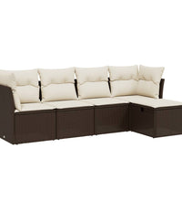 5-tlg. Garten-Sofagarnitur mit Kissen Braun Poly Rattan