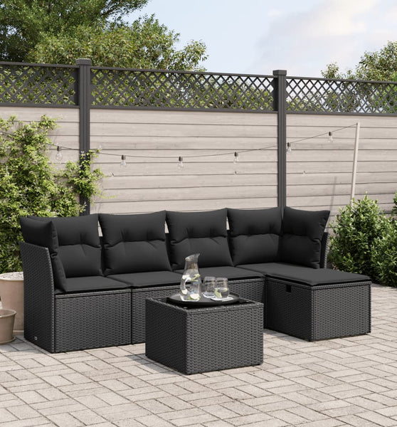 6-tlg. Garten-Sofagarnitur mit Kissen Schwarz Poly Rattan