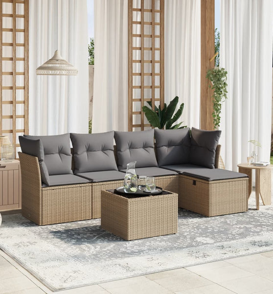 6-tlg. Garten-Sofagarnitur mit Kissen Beige Poly Rattan