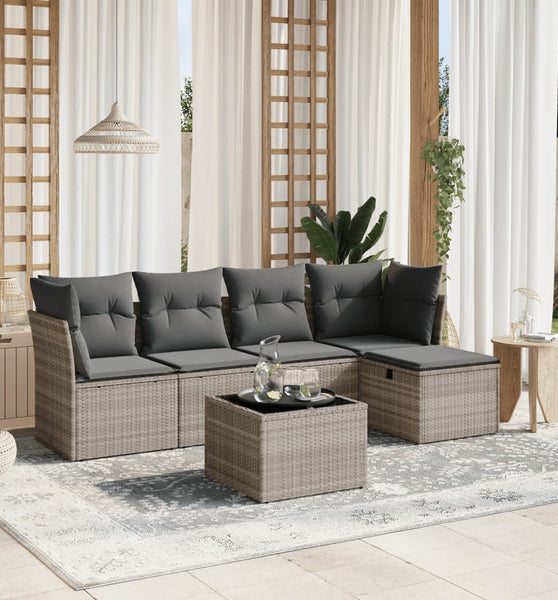 6-tlg. Garten-Sofagarnitur mit Kissen Hellgrau Poly Rattan