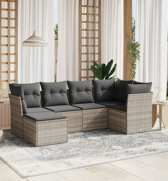 6-tlg. Garten-Sofagarnitur mit Kissen Hellgrau Poly Rattan