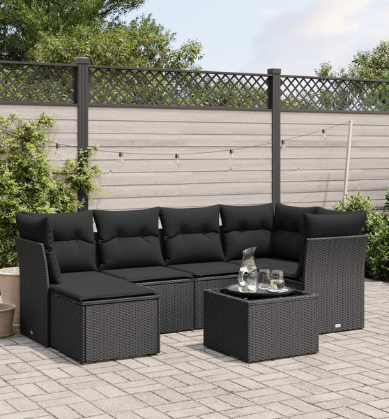 7-tlg. Garten-Sofagarnitur mit Kissen Schwarz Poly Rattan