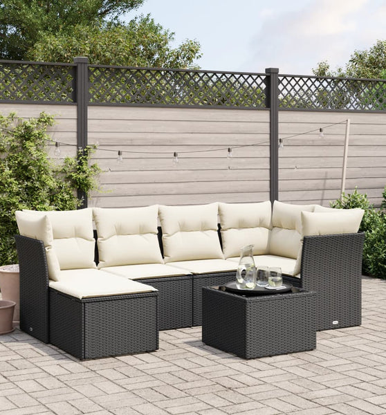 7-tlg. Garten-Sofagarnitur mit Kissen Schwarz Poly Rattan