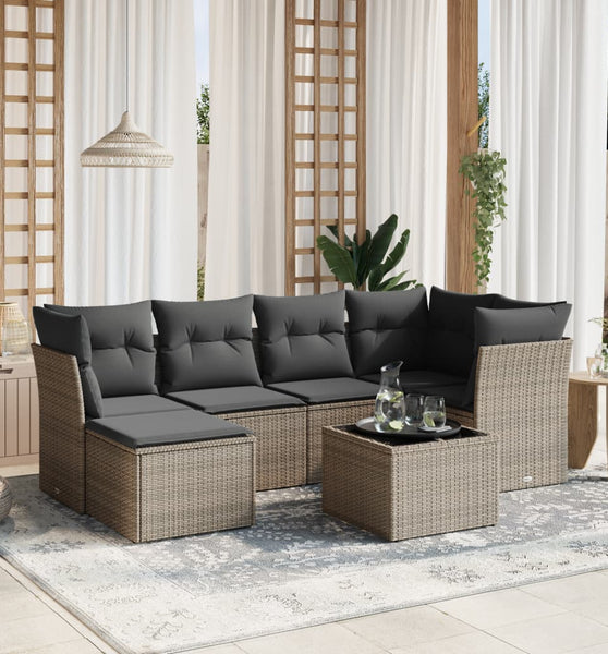 7-tlg. Garten-Sofagarnitur mit Kissen Grau Poly Rattan