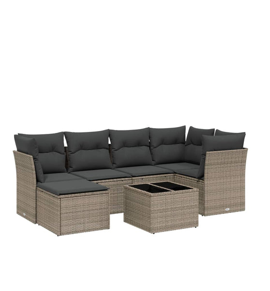 7-tlg. Garten-Sofagarnitur mit Kissen Hellgrau Poly Rattan