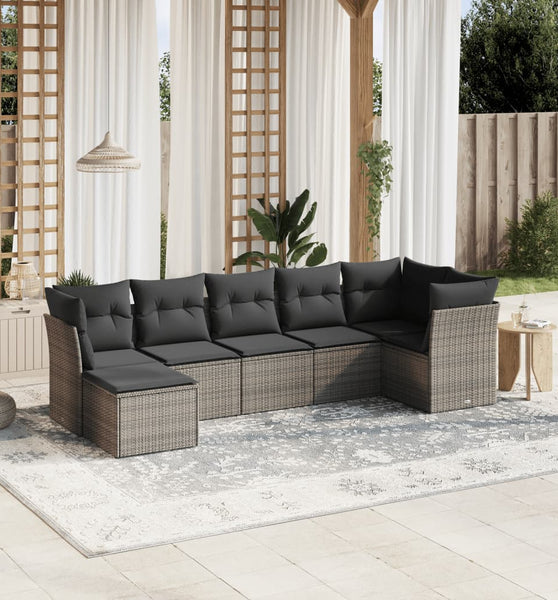 7-tlg. Garten-Sofagarnitur mit Kissen Grau Poly Rattan