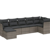 7-tlg. Garten-Sofagarnitur mit Kissen Hellgrau Poly Rattan