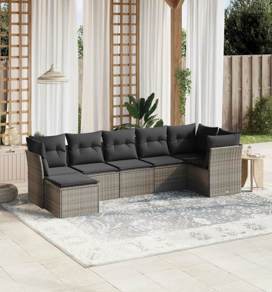 7-tlg. Garten-Sofagarnitur mit Kissen Hellgrau Poly Rattan
