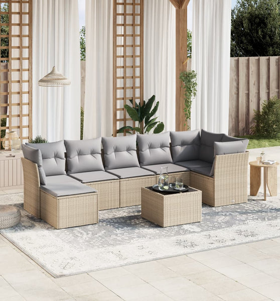 8-tlg. Garten-Sofagarnitur mit Kissen Beige Poly Rattan