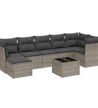 8-tlg. Garten-Sofagarnitur mit Kissen Grau Poly Rattan