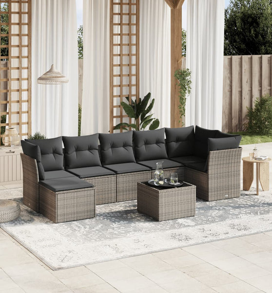 8-tlg. Garten-Sofagarnitur mit Kissen Grau Poly Rattan