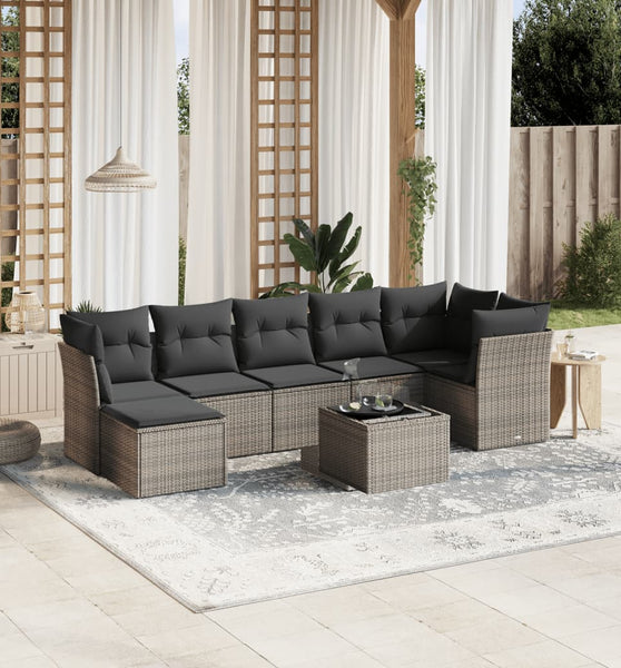 8-tlg. Garten-Sofagarnitur mit Kissen Hellgrau Poly Rattan