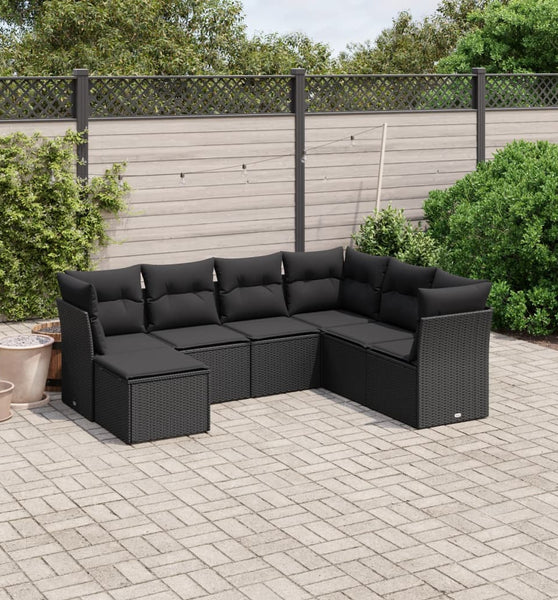 7-tlg. Garten-Sofagarnitur mit Kissen Schwarz Poly Rattan