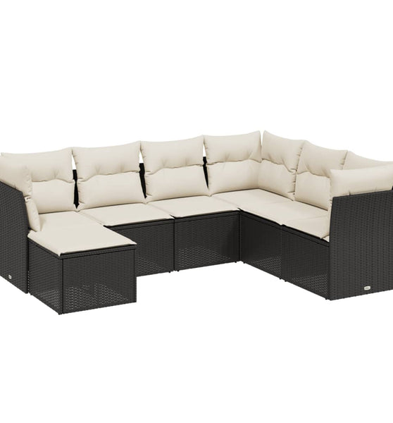 7-tlg. Garten-Sofagarnitur mit Kissen Schwarz Poly Rattan