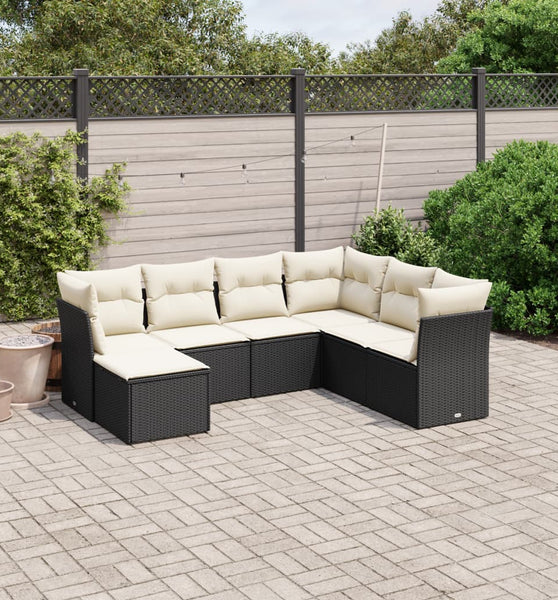 7-tlg. Garten-Sofagarnitur mit Kissen Schwarz Poly Rattan
